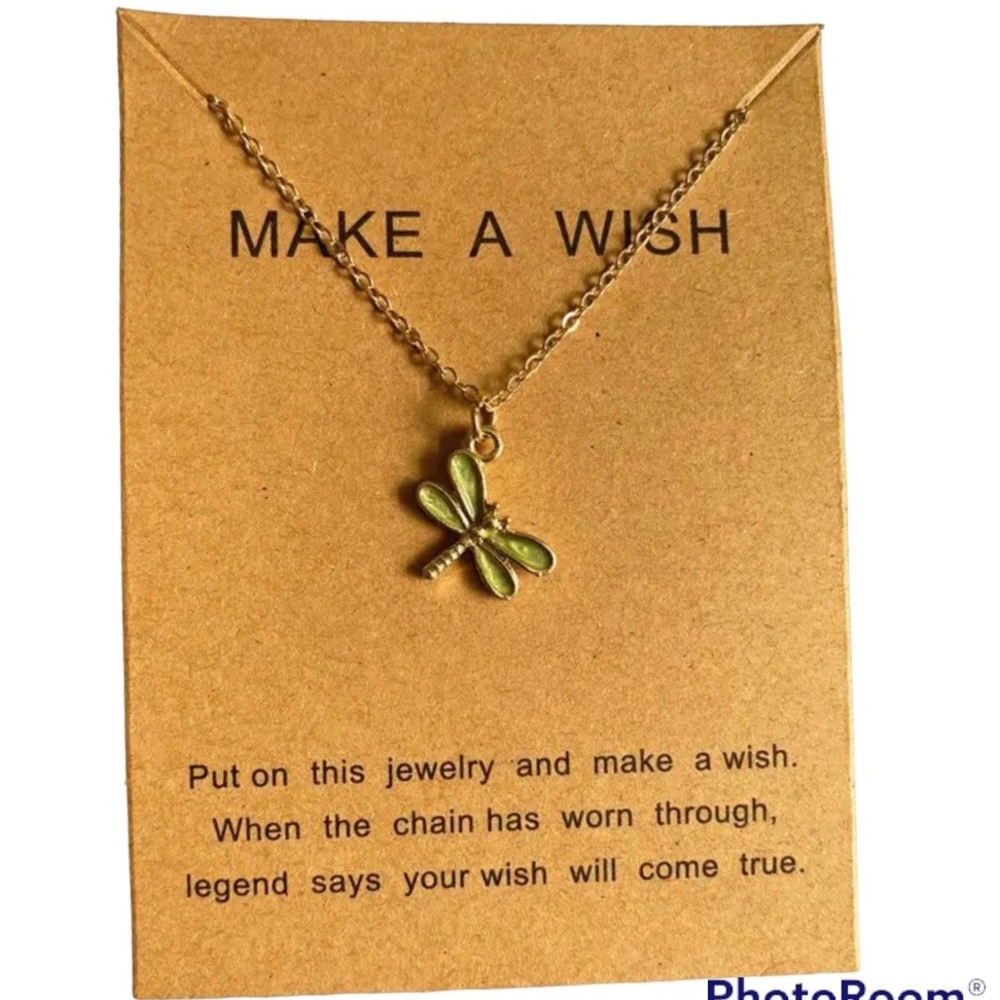 Green Dragonfly necklace w card Make a Wish Jewelry